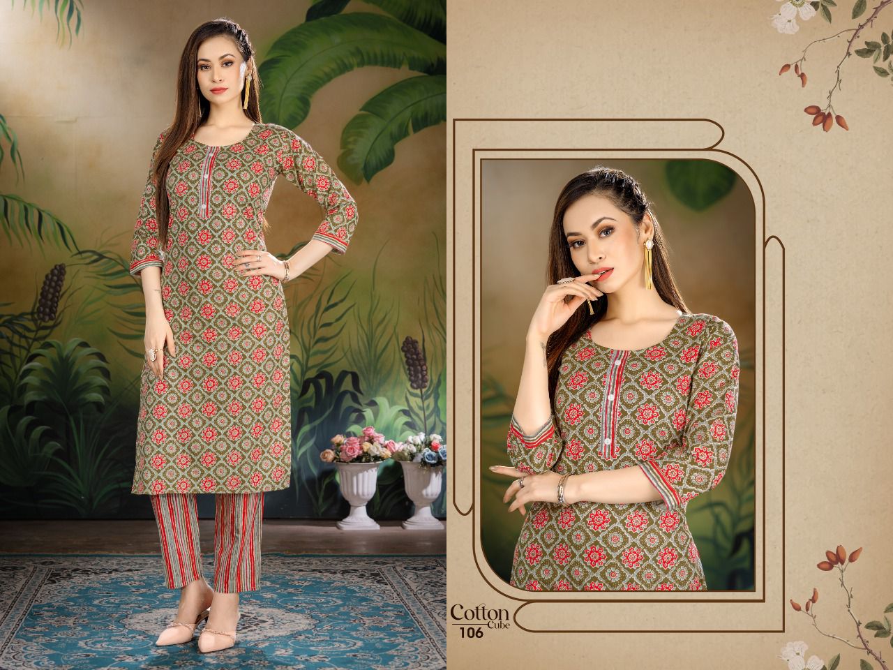 Cotton Cube 101 Cotton Printed Ethnic Wear Kurti With Pant Collection